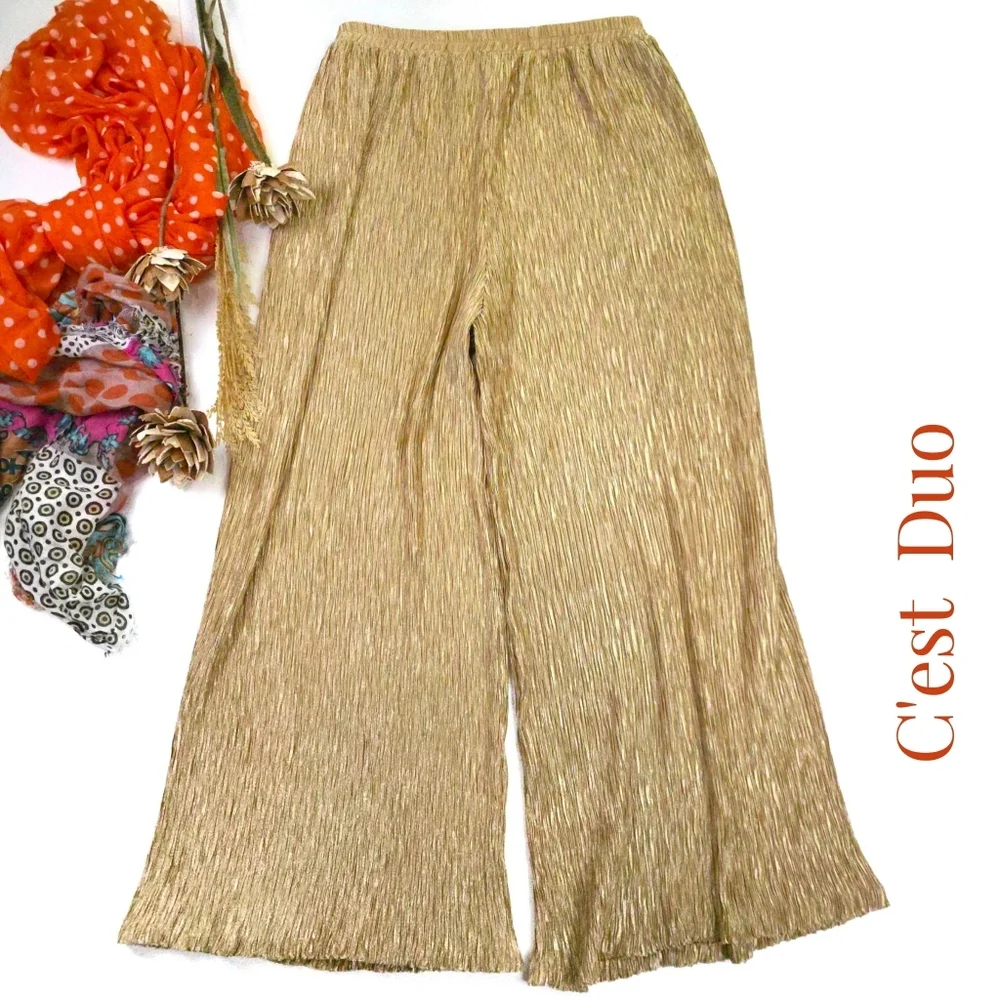 C'est Duo Gold Wide-Leg Pleated Pants Sz L - Picture 1 of 10